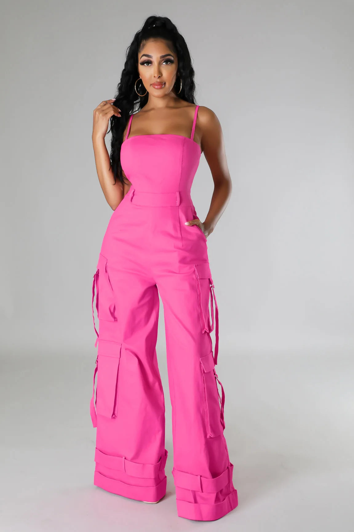Women's Clothing 2025 Spring Summer New Sexy Sleeveless Solid Color Casual Multi Pocket Workwear Jumpsuit Wide Leg Pants
