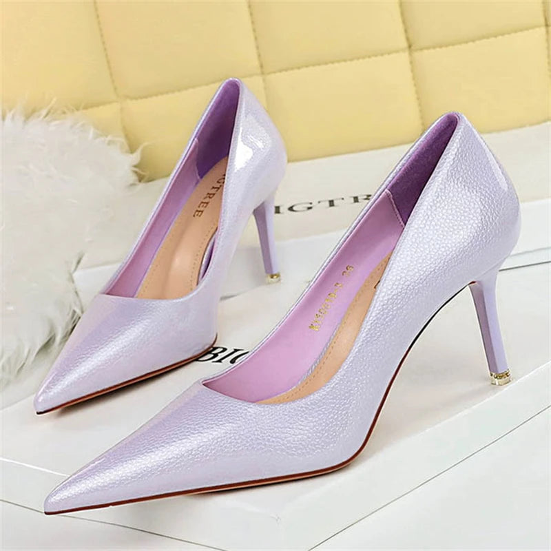 BIGTREE Elegant Simple Woman Heels Slim Heels High Heels Shallow Mouth Pointed Crystal Patent Leather Single Shoes  Women Shoes