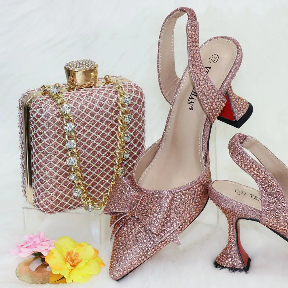 Venus Chan Bridal High Heels for Women 2023 Pointed Toe With Bows Gold Color Rhinestone  Elegant Party Wedding Shoe and Bag Set