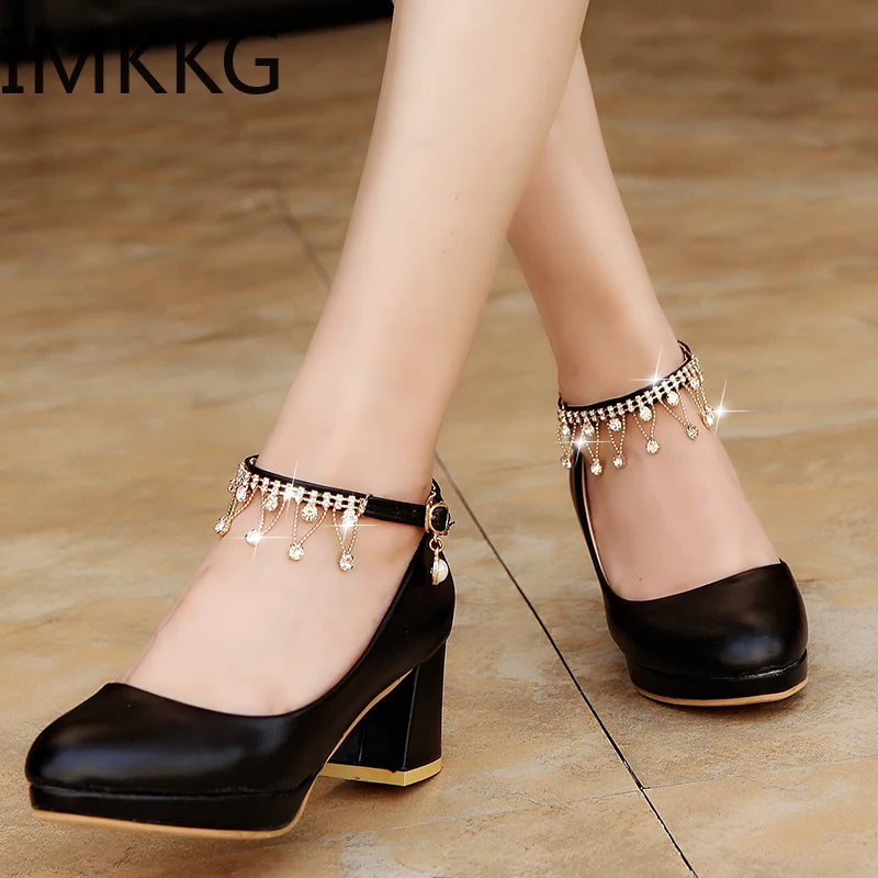 White Women Wedding Shoes Crystal Preal Ankle Strap Bridal Shoes Woman Dress Shoes Seay Pumps Sweet Party Shoes