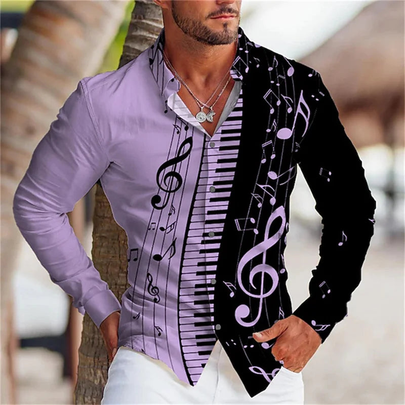 2023 Fashion Men's Shirt Music Note 3D Printing Lapel Button Top Long Sleeve Shirt Clothing   Comfortable  S-6XL
