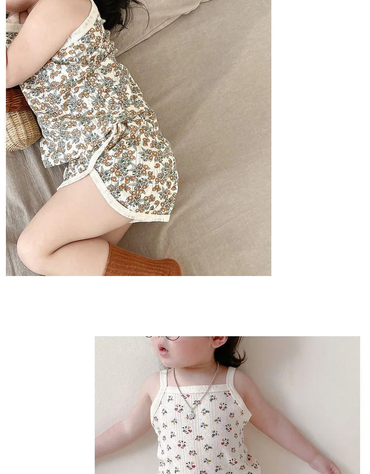 2024 Summer New Baby Sleeveless Tops And Tight Waist Shorts 2 Pieces Suit Girls Square Collar Clothing Set Kids Cotton Clothes