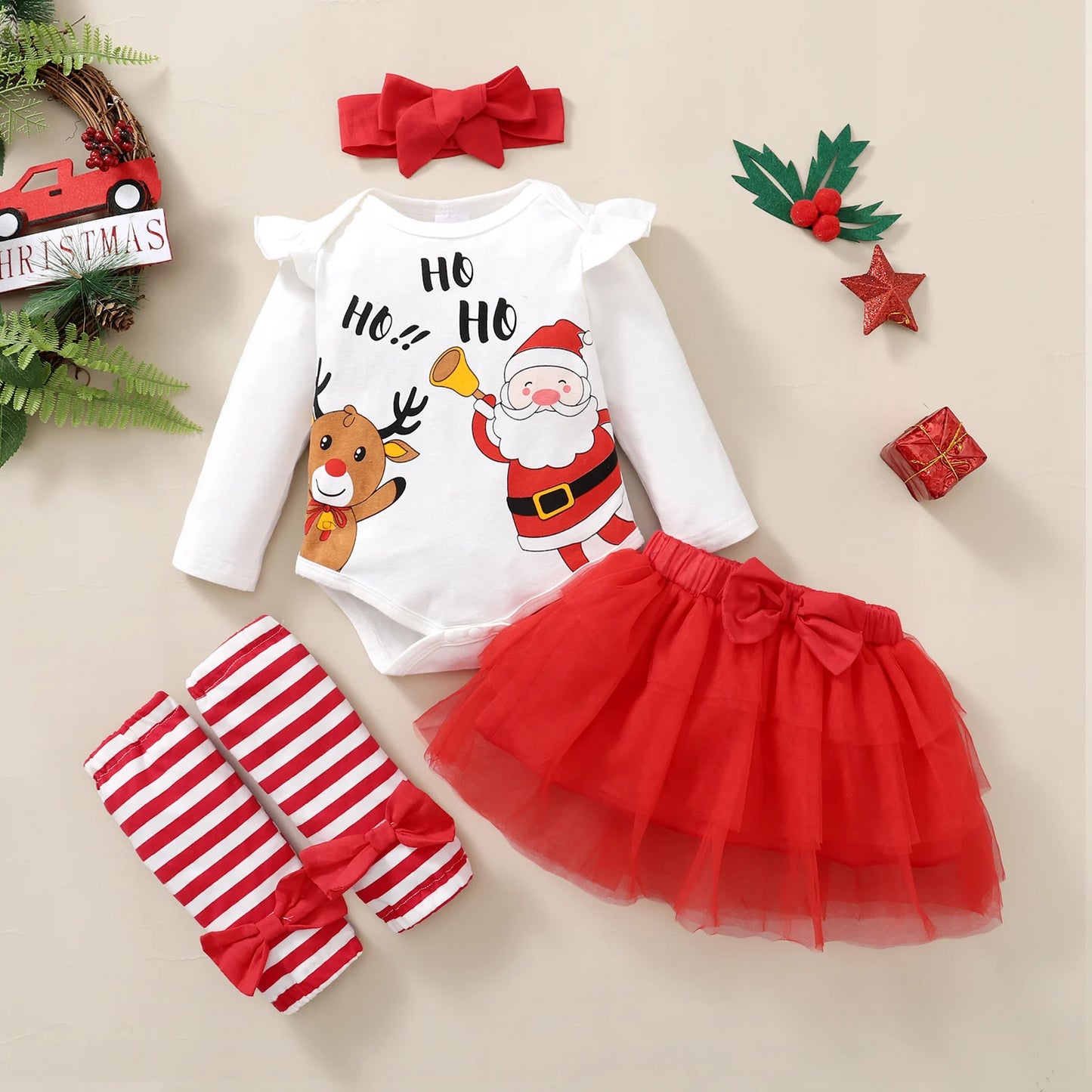Children's Holiday Set Santa Claus Print Bodysuit+ Yarn skirt+Headband+Socks 4Pcs/Set   0-18 Months Baby Girl Christmas Set