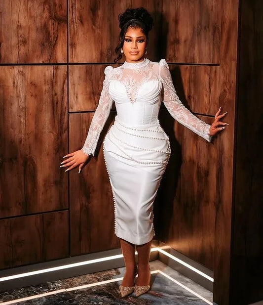 Short African Wedding Dresses Sheath Long Sleeves Tea Length Lace Pearls Women Bridal Wedding Gowns For Black Girls Customized