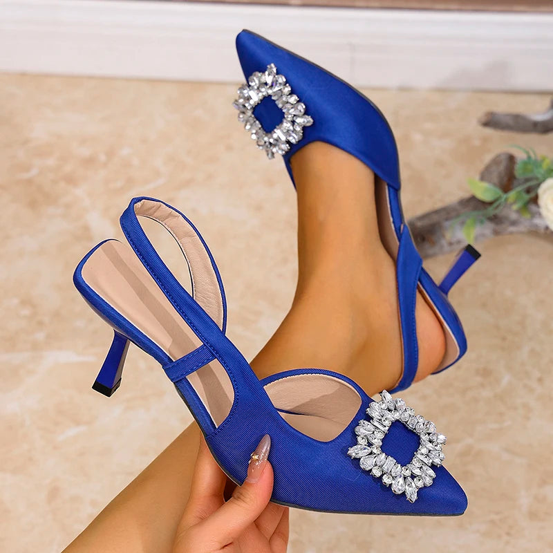 Elegant Ladies Crystal Buckle Pumps Summer 2025 Sexy Pointed Toe High Heels Sandals Women Back Strap Party Wedding Shoes Woman
