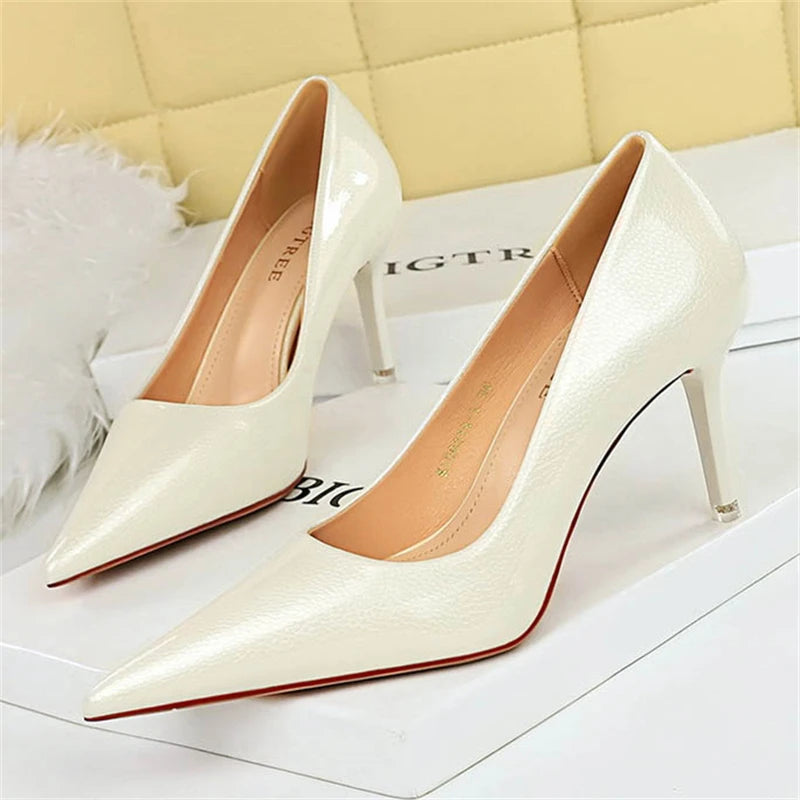BIGTREE Elegant Simple Woman Heels Slim Heels High Heels Shallow Mouth Pointed Crystal Patent Leather Single Shoes  Women Shoes