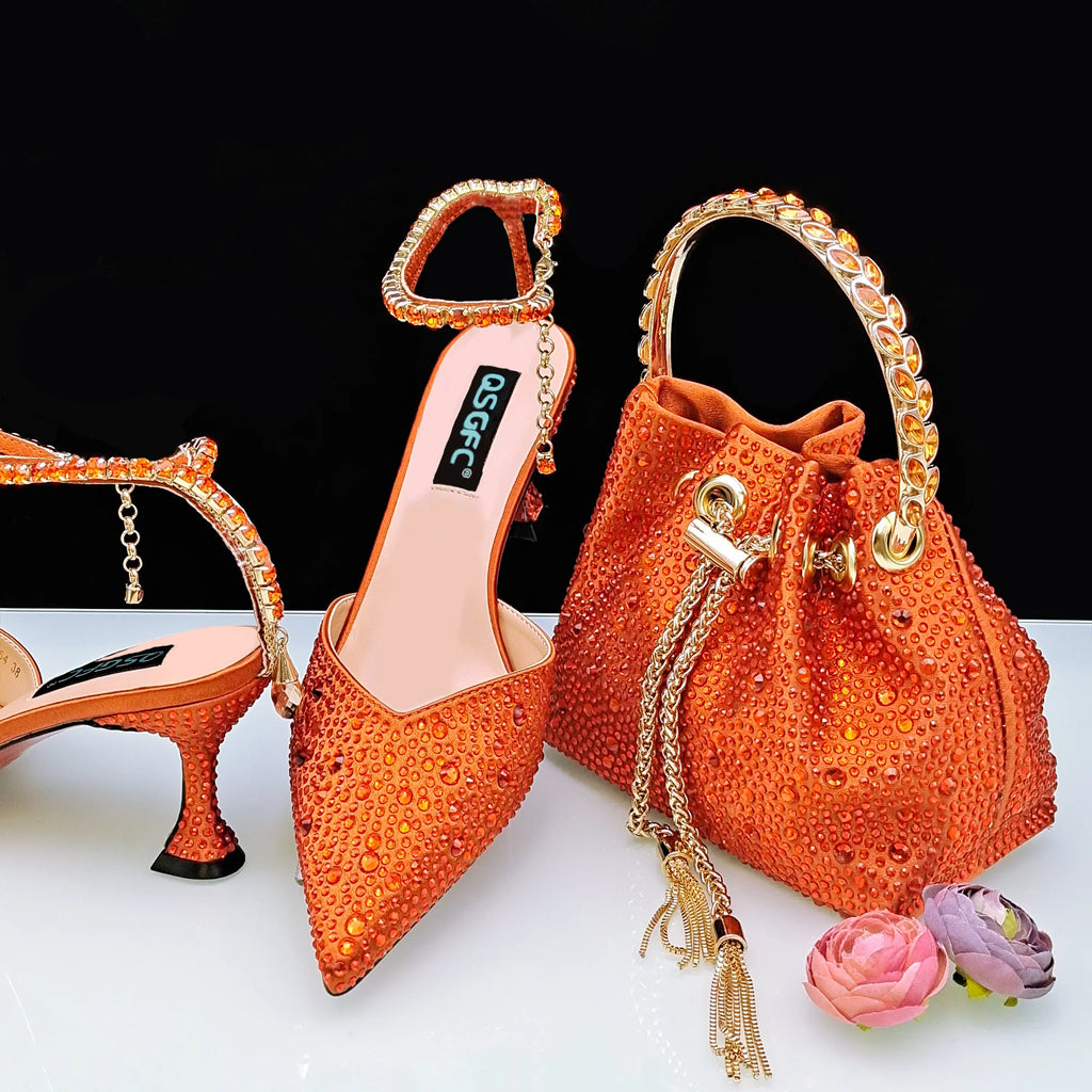 QSGFC New Gold Glitter Fabric Pointed Toe High Heels With A Variety Of Shapes Of Rhinestones Fashion Party Ladies Shoes And Bag