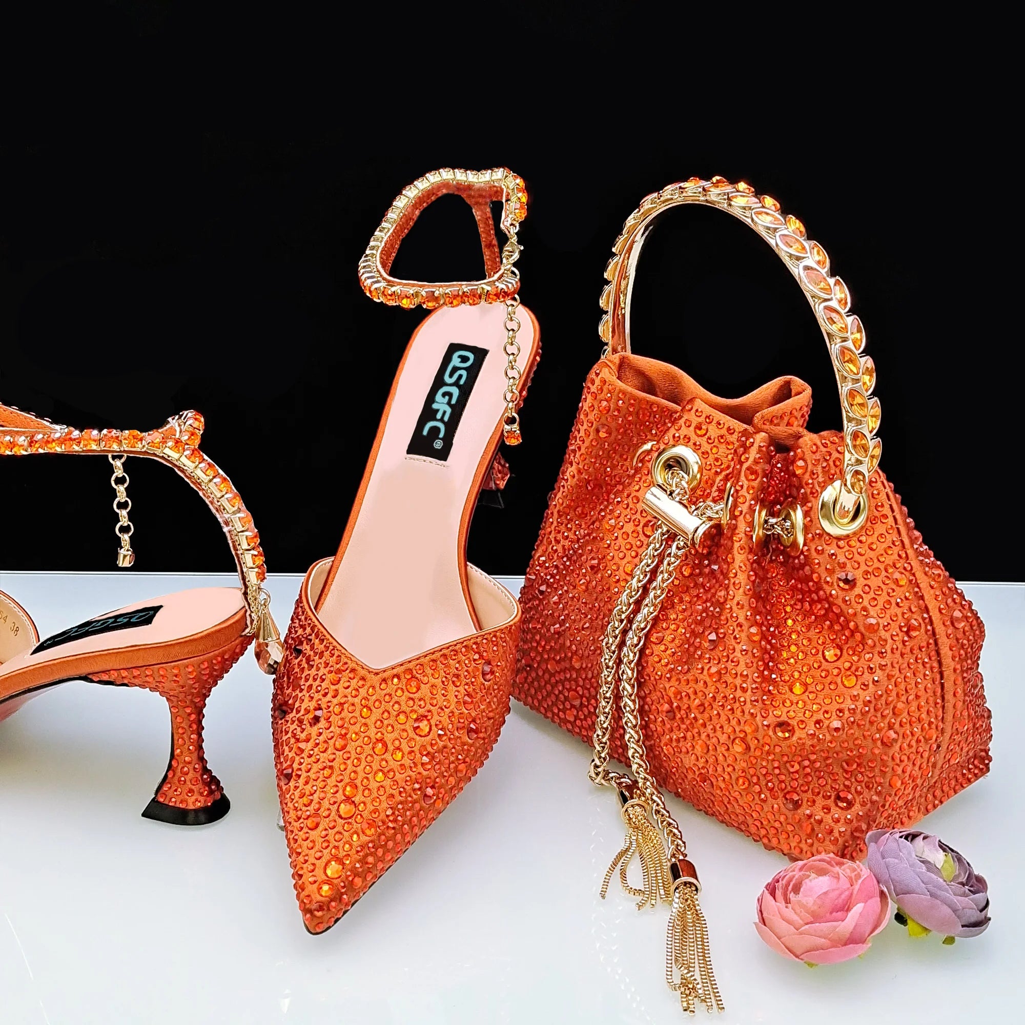 QSGFC New Gold Glitter Fabric Pointed Toe High Heels With A Variety Of Shapes Of Rhinestones Fashion Party Ladies Shoes And Bag