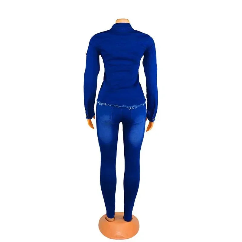 Casual Denim 2 Piece Set Jeans Suit Women Blue Long Sleeve Jeans Jacket Long Pants Slim Tracksuit Outfits 2024 Spring Autumn