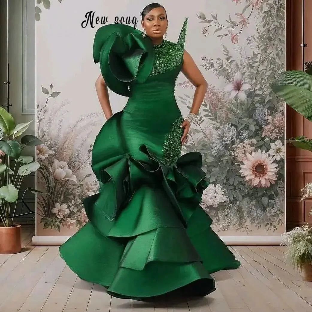 Aso Rbi Emerald Green Prom Dresses Mermaid One Shoulder Second Reception Gowns Plus Size Satin Wedding Guest Gown Customized New