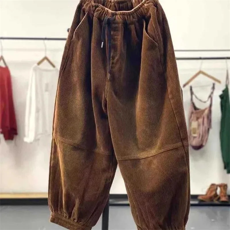 Ladies Large Size 4XL Corduroy Pantalons 2024 Female High Waist Add Velvet Casual Trousers Winter Women Loose Fit Lantern Pants