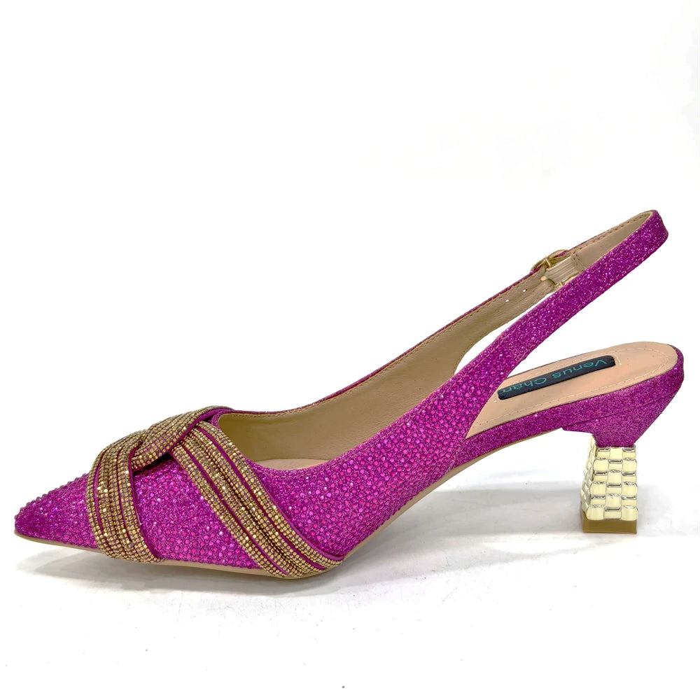 Venus Chan 2024 Special Design High Quality Orange Color African Women Shoes and Bag Set with Shinning Crystal for Wedding Party