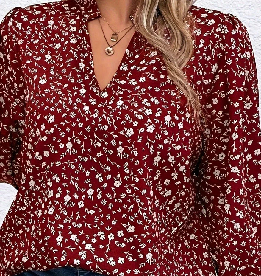 Plus Size 1XL-5XL Women’s Fashion V-neck Printed Shirt Blouse Women Spring Summer Casual Long Sleeved Print Top Shirt