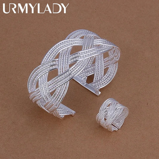 925 Silver jewelry Set For women lady Christmas gift retro exquisite reticulated circular opening bracelet ring fashion S284