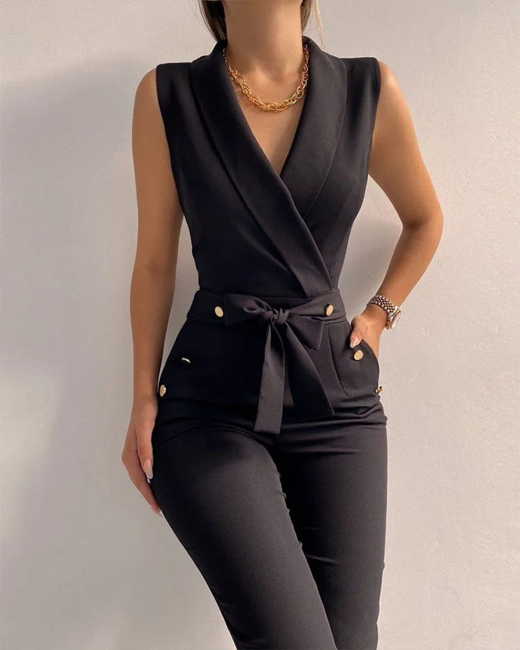 Women Casual V Neck Jumpsuits Button Lace Up Sleeveless Wide Leg Pants Streetwear Overalls Jumpsuit Women