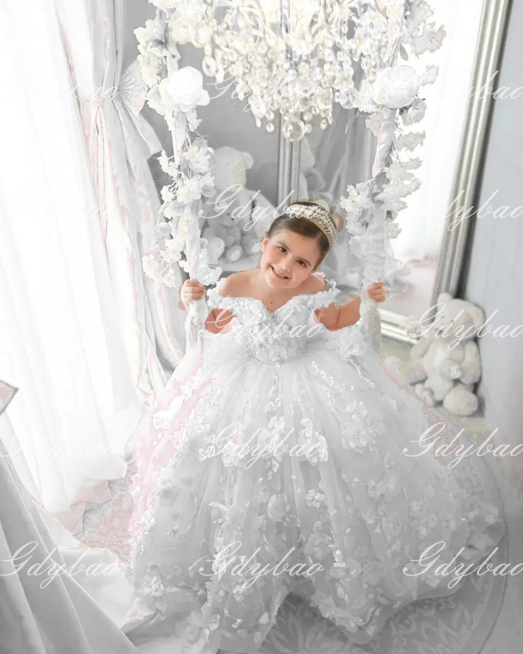 Pink 3d Applique Flower Girl Dress For Wedding Off Shoulder Luxurious Pearls Tulle Child First Eucharistic Birthday Party Dress