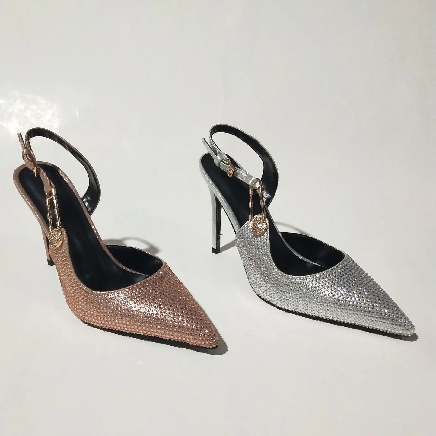 2025Women's Sexy Silk Rhinestone Pumps Belt Buckle Back Hollow Pointed Toe Thin Heel Sandals Pumps Female High Heels Party Shoes