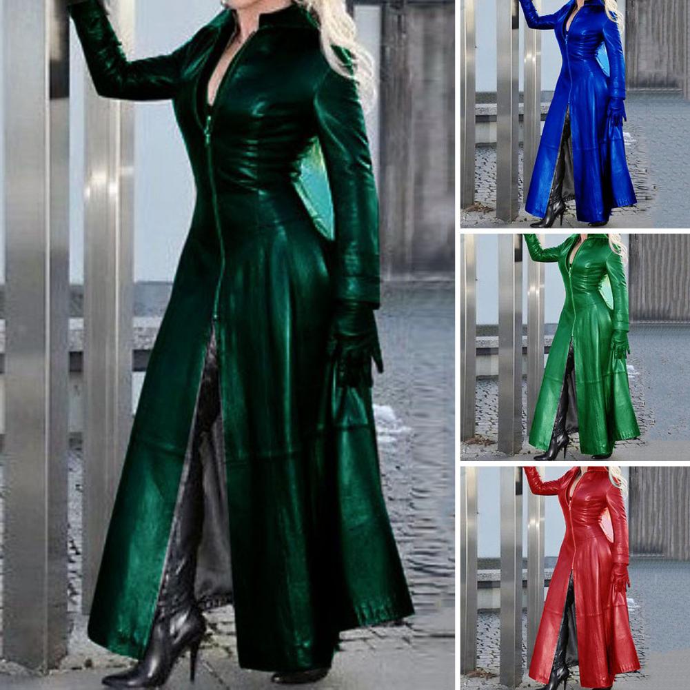 Loose Leather Jacket Trench Women Lapel Collar Zipper  Cyberpunk Coat Tight Waist Split Hem Autumn Winter Long Jacket PU
