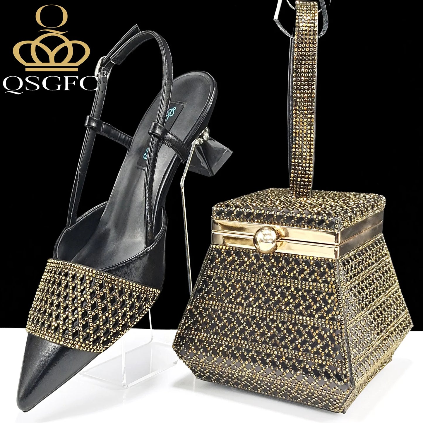 Newest Elegant Mature Style Black Color Party Wedding High Heel Pointed Toe Women Shoes and Bag full of Sequins Decoration