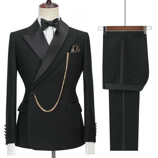 2024 Custom Made Black Groom Tuxedo Peaked Lapel Double Breasted Men Suit Prom Wedding Party Men Suits Costume ( Jacket+Pants)