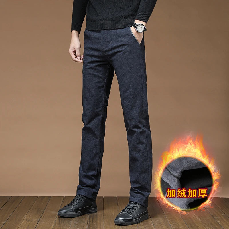 Winter Fashion Thermal Mens Casual Pants Fleece Lined Straight  Business Trousers Versatile Black Gray Blue Brand Trousers