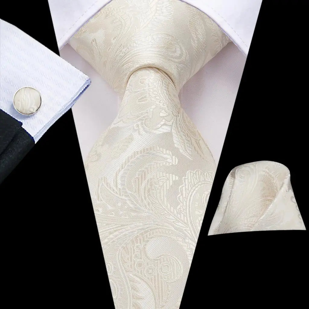 Hi-Tie Champagne Ivory Floral Solid Design Silk Wedding Tie For Men Quality Hanky Cufflink Fashion Nicktie Business Dropshipping