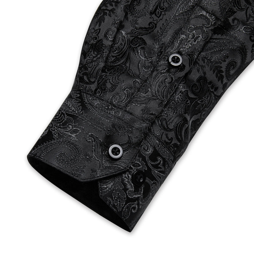 DiBanGu Silk Polyester Dress Shirts for Men Black Solid Paisley Red Silver Long Sleeve Turn Down Collar Prom Social Men's Shirt