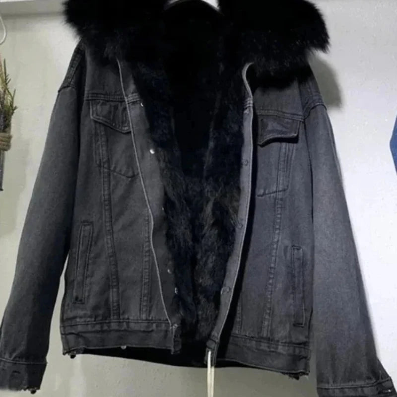Winter Women Warm Basic Coat Big Fur Collar Denim Jacket Female Cold Motorcycle Jackets Outerwear Fleece Thick Casual Overcoat