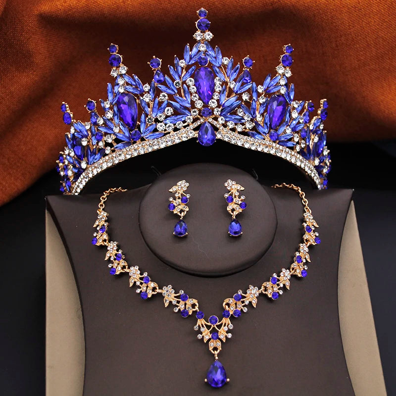 12 Color Bridal Jewelry Sets for Women Wedding Crown Girls Tiaras and Necklace Earrings Bride Party Costume Jewelry Accessories