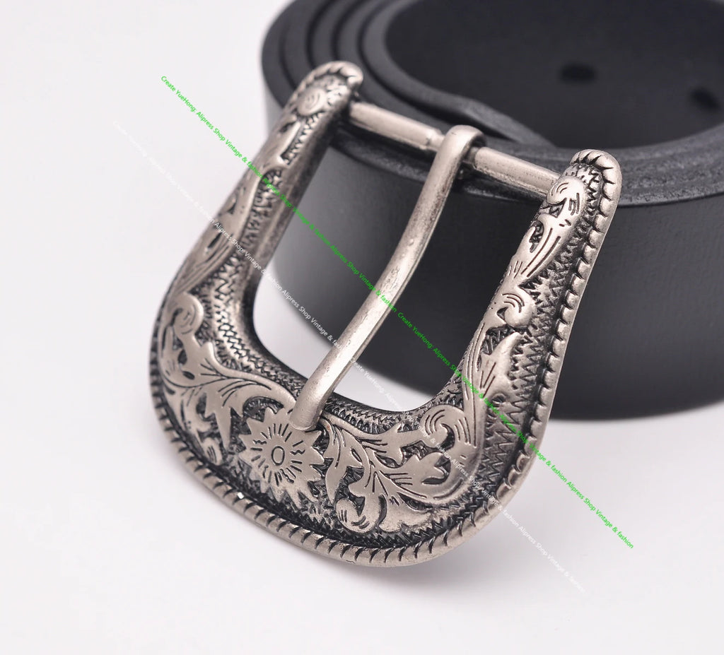 HEAVY DUTY COWBOY WESTERN FLORAL ENGRAVED ANTIQUE SILVER BELT BUCKLE SET 1-1/2"