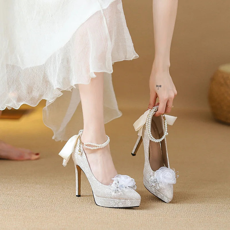 High heels, women's wedding shoes, Hexiu, two pairs of thick heels, beautiful ankle rings, pearl straps, bridal shoes