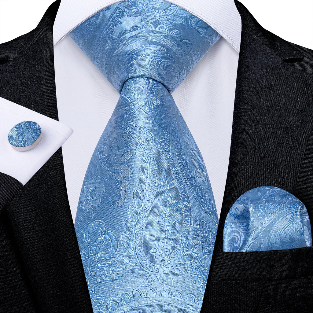 Light Blue Men's Tie Set Handkerchief Cufflinks Solid Paisley Floral Wedding Party Formal Groom Suits Accessories Gift Husband