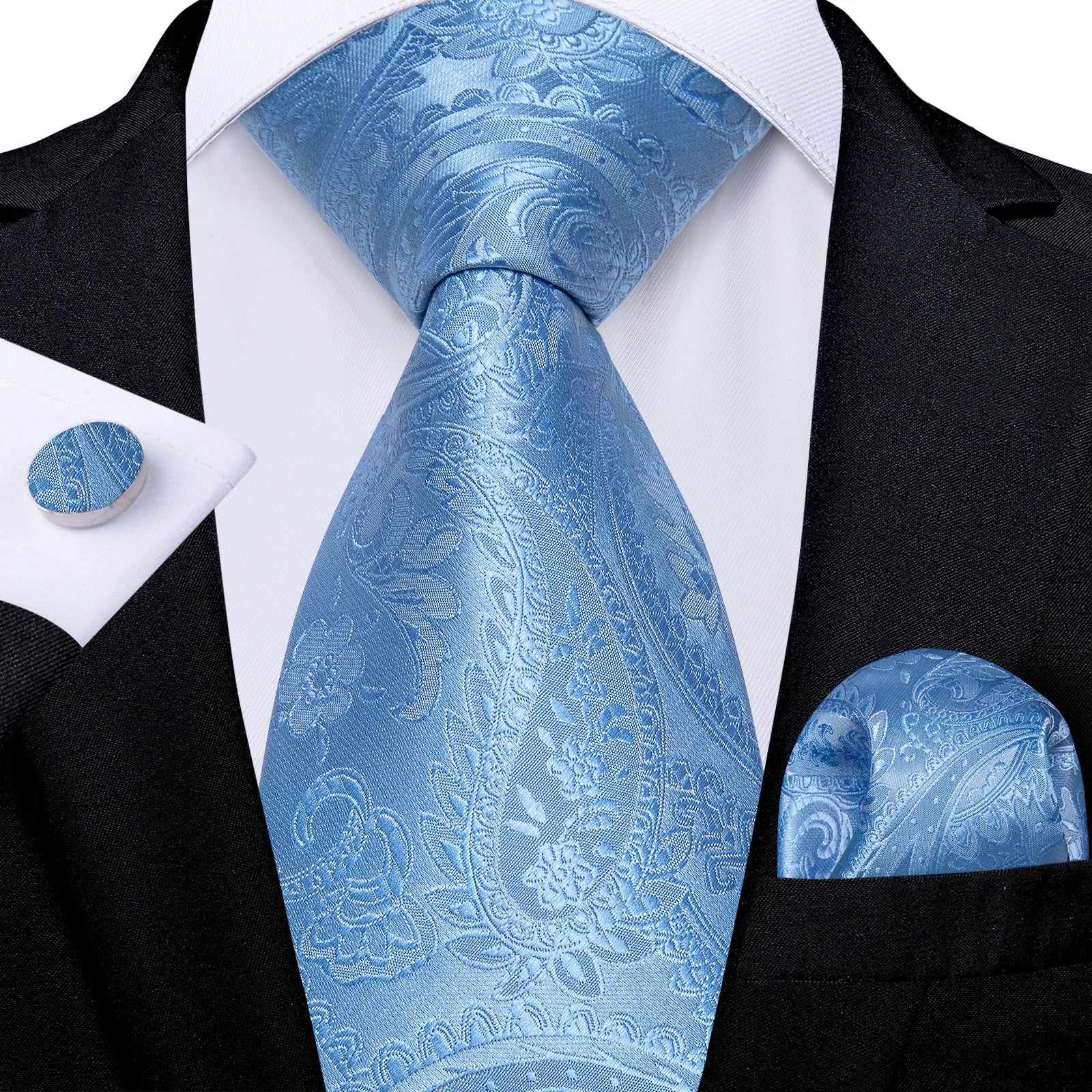 Light Blue Men's Tie Set Handkerchief Cufflinks Solid Paisley Floral Wedding Party Formal Groom Suits Accessories Gift Husband