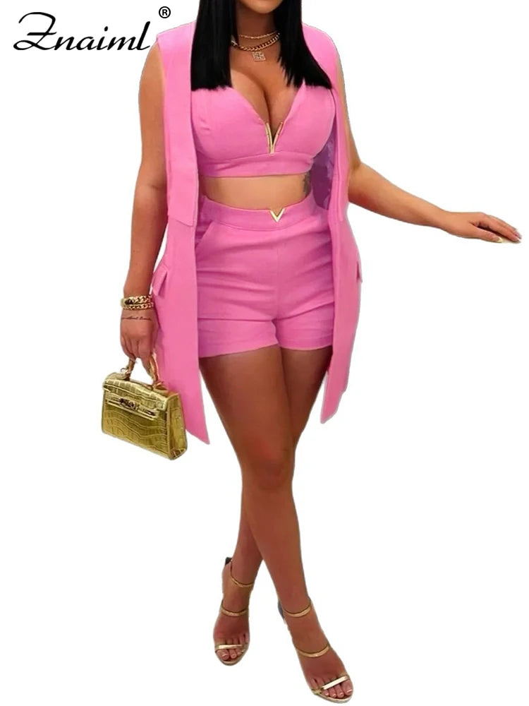 Znaiml Women's Fashion New Tank Top and Shorts 3 Pieces Set with Vest Coat Summer Casual Vacation Party Office Lady Outfits 2025