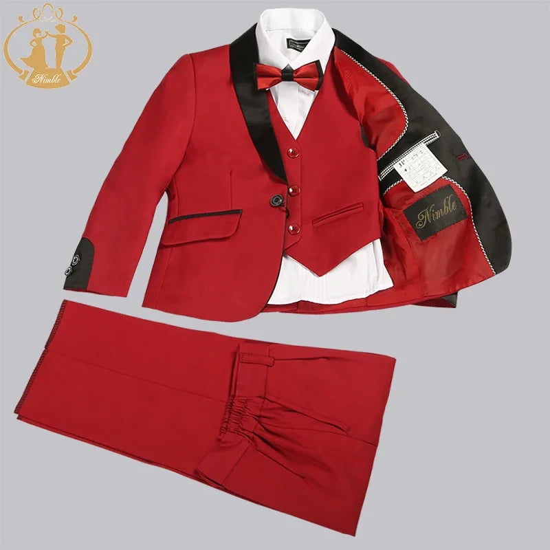 Boys 3-Piece Formal Suit Set – Blazer, Vest & Pants | Red, Black & Blue