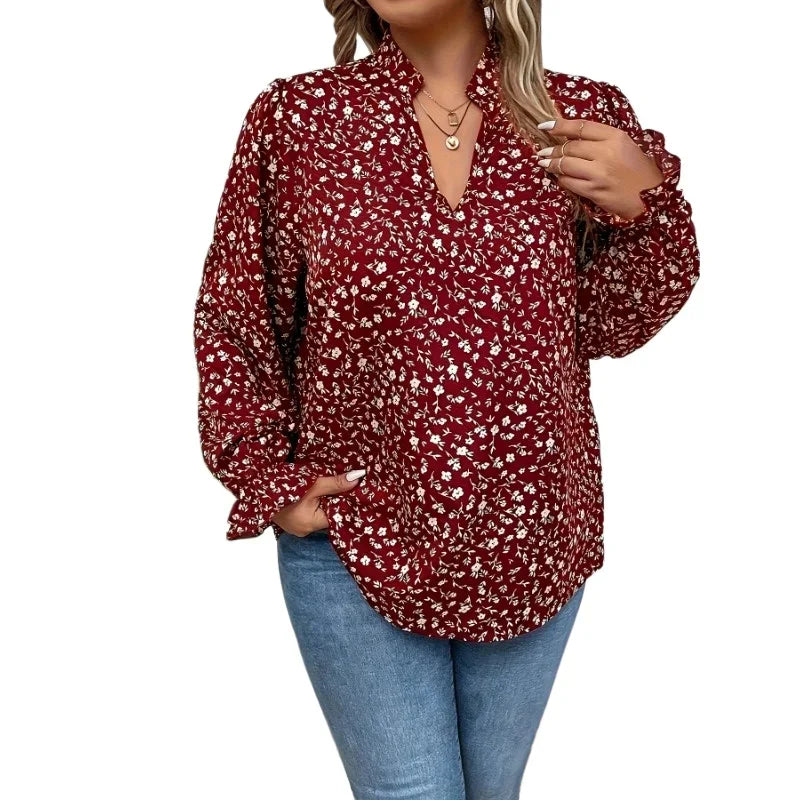 Plus Size 1XL-5XL Women’s Fashion V-neck Printed Shirt Blouse Women Spring Summer Casual Long Sleeved Print Top Shirt