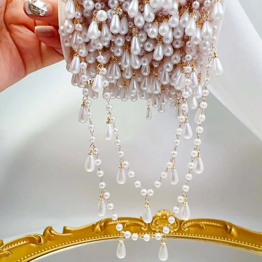 0.5M 1M Imitation Pearl Waterdrop Charm Beaded Chain Plastic White Ball Beads Copper Chains Necklace Cloth DIY Jewelry Making