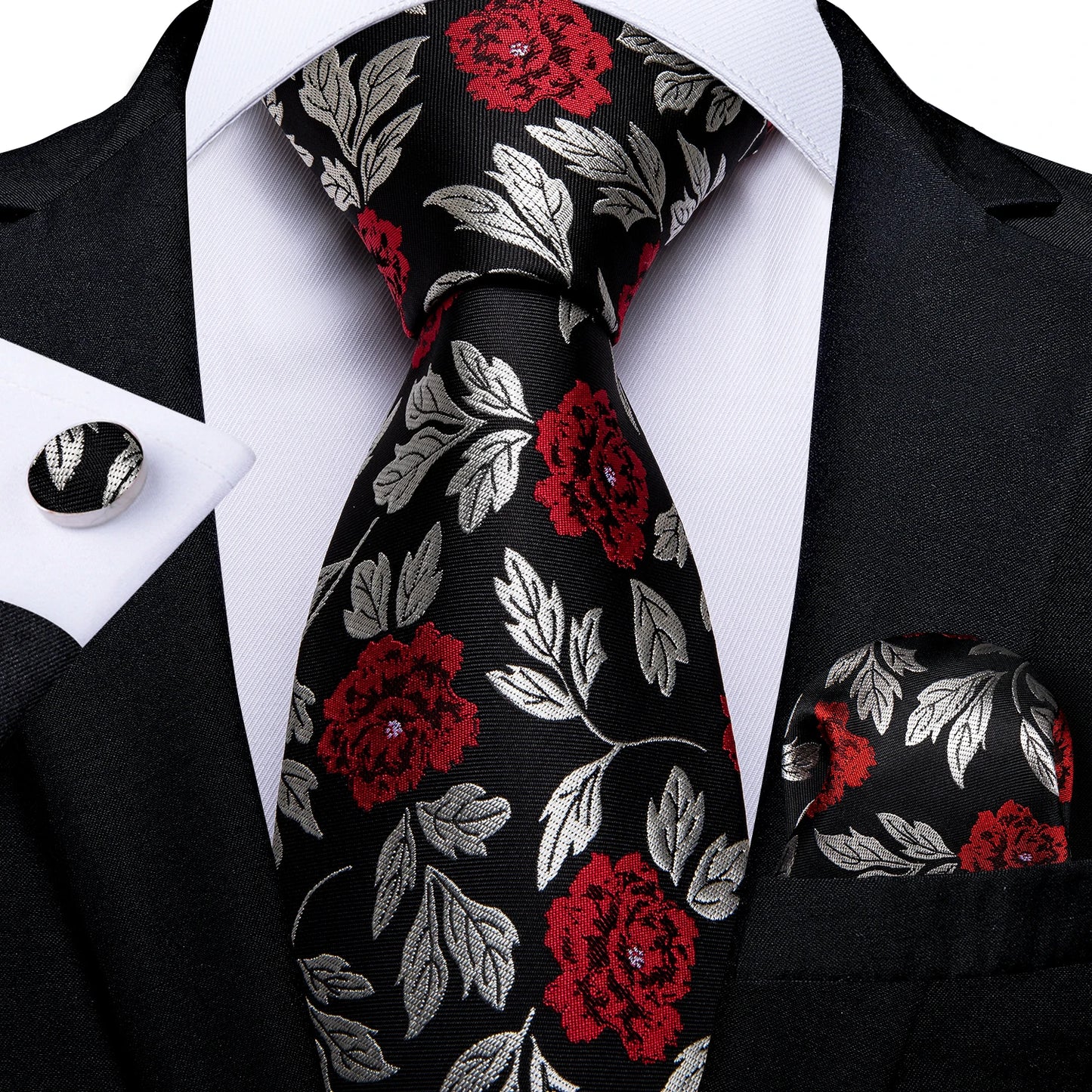 Solid Black Plaid Men's 8cm Polyester Neck Tie Handkerchief Cufflinks Set with Gift Box Tie Clip Birthday Anniversary Gift