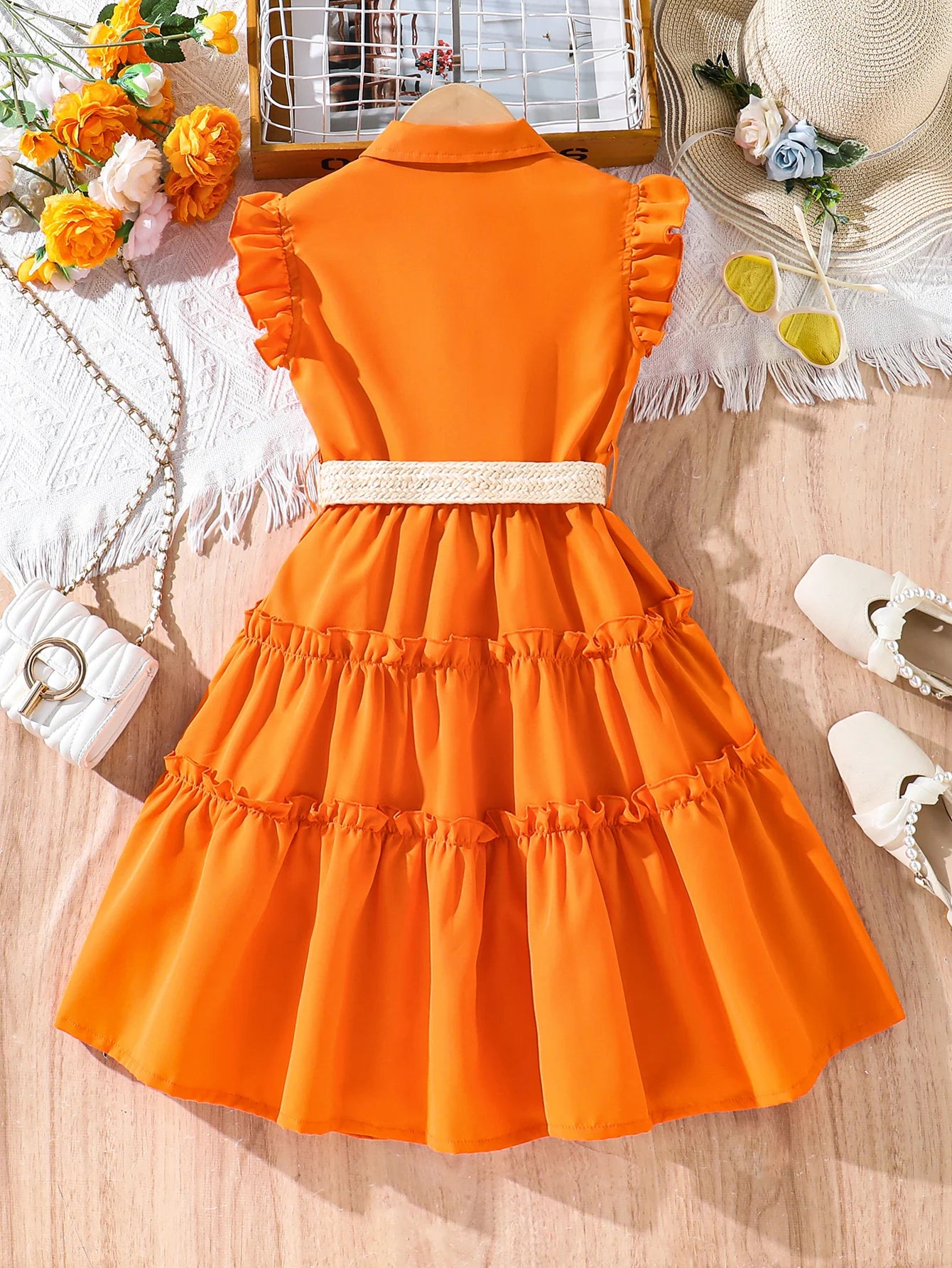 Girls' Sunset Orange Dress 2025 Summer New  Breathable Linen Blend with Woven Belt - Trendy Outdoor Kids Fashion