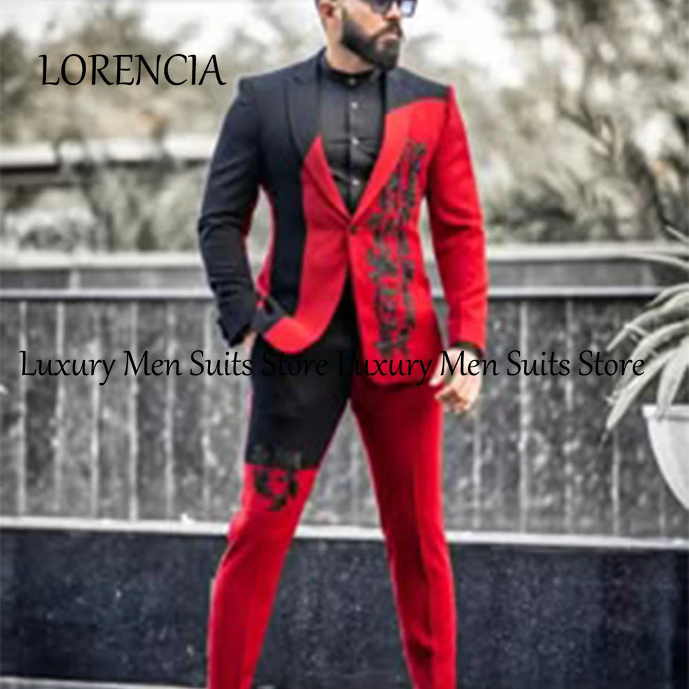 Fashion 2 Pieces Suits for Men Applique Slim Fit Tuxedos Groom Wedding Customized Flat Collar Blazer Pants vestido para hombre