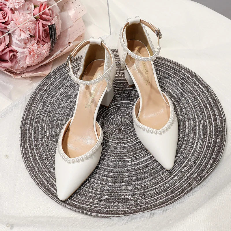Size 34-48 Pointed Tie High Heels White Bridal Shoes Thick Heel Hollow Handmade Pearls Women's Wedding