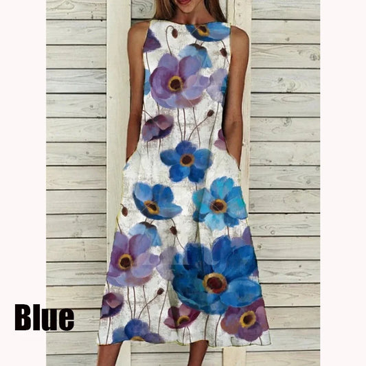 2023 Summer Women Clothing Fashion Elegant Sleeveless Print A-Line Dress Round Neck Casual Party Dresses Girls Sweet Dress