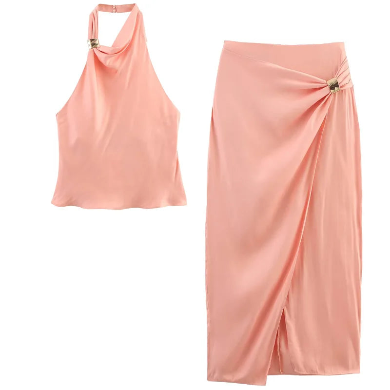 TRAF Satin Skirt Set Elegant Women's Sets Backless Halter Top Woman 2 Piece Set Outfit Fashion Midi High Waist Wrap Skirt Suits
