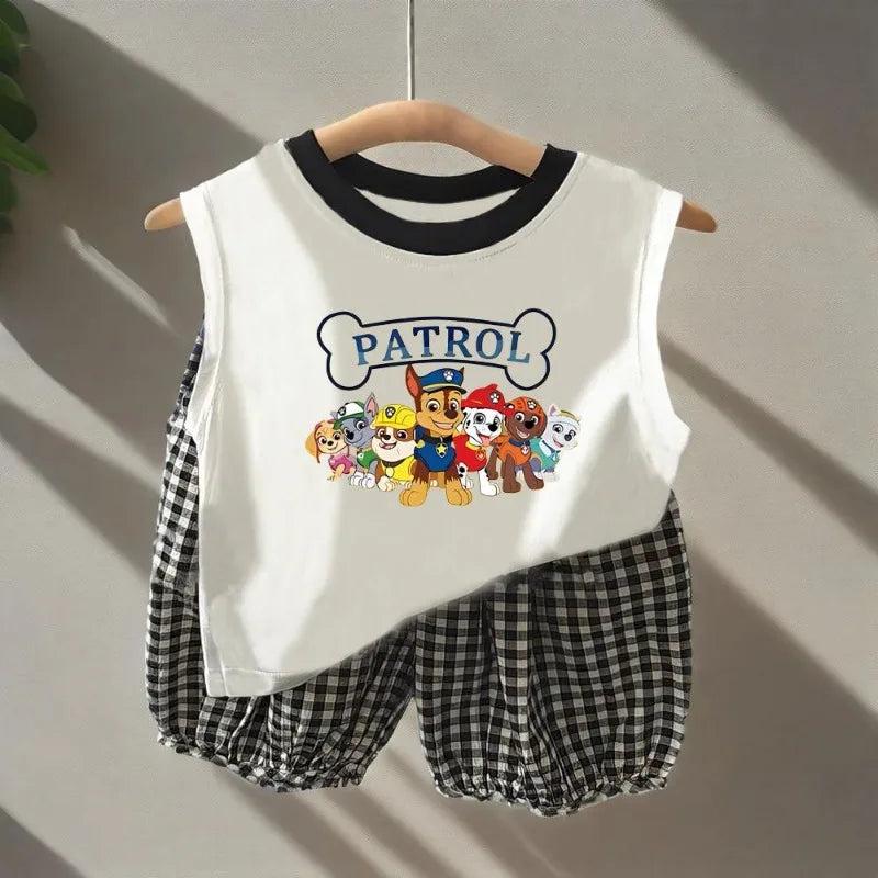 Summer Children Sleeveless Vest and Plaid Shorts 2pcs Sets PAW Patrol Boys Breathable Outfits Baby Girls Casual Clothes  Suit