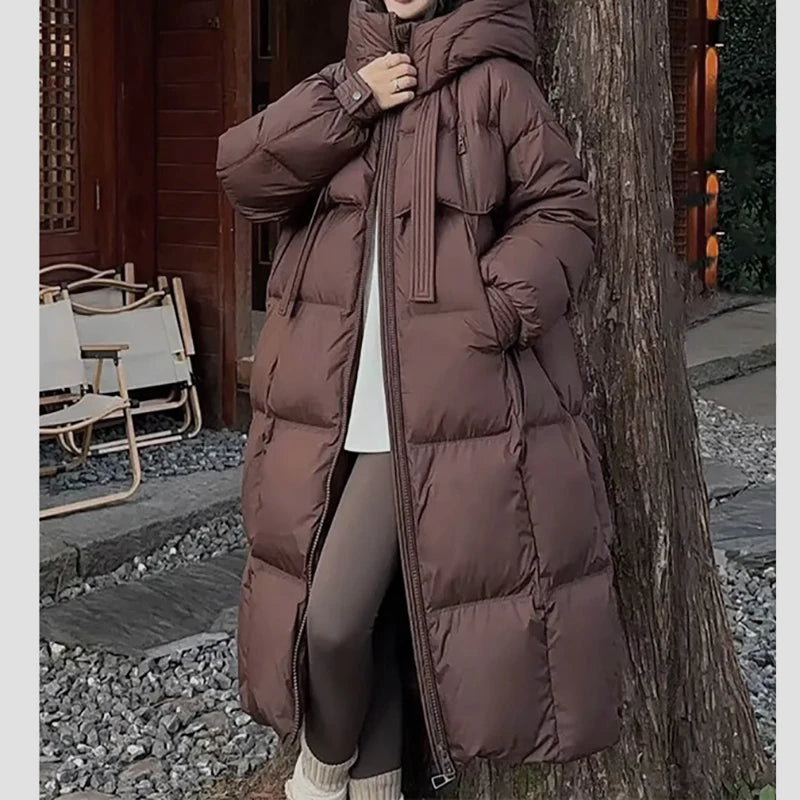 HELIAR Women Casual Thicken Warm Hooded Down Coat Long Sleeve Zipper Pocket Long Coat Lady Office Parkas Fall Winter Down Coat