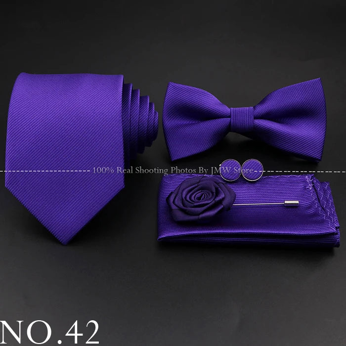 Hot Sale Red Blue Tie Set Polyester Slim Striped Necktie Bowtie Cufflink Brooch For Groom Suit Wedding Cravat Shirt Accessory