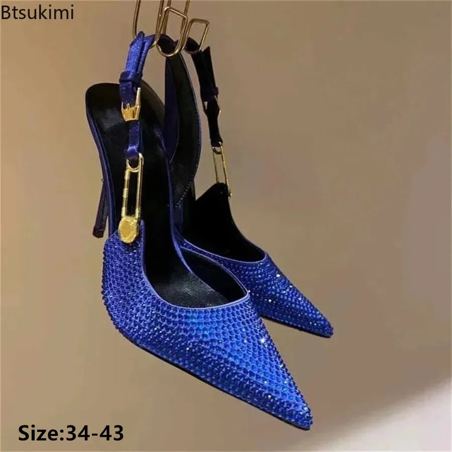 2025Women's Sexy Silk Rhinestone Pumps Belt Buckle Back Hollow Pointed Toe Thin Heel Sandals Pumps Female High Heels Party Shoes