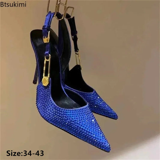 2025Women's Sexy Silk Rhinestone Pumps Belt Buckle Back Hollow Pointed Toe Thin Heel Sandals Pumps Female High Heels Party Shoes
