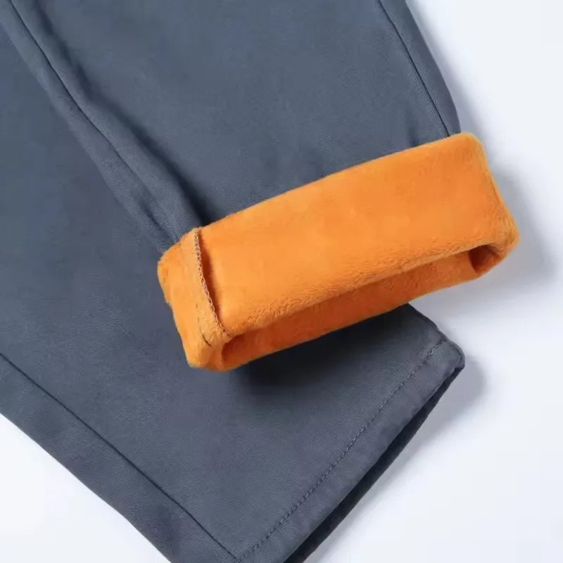 Winter Men Korean Fashion Straight Leg Pants Winter Snow Warm Thermal Thicken Casual Pants New Fleece Slim Fit Business Trousers