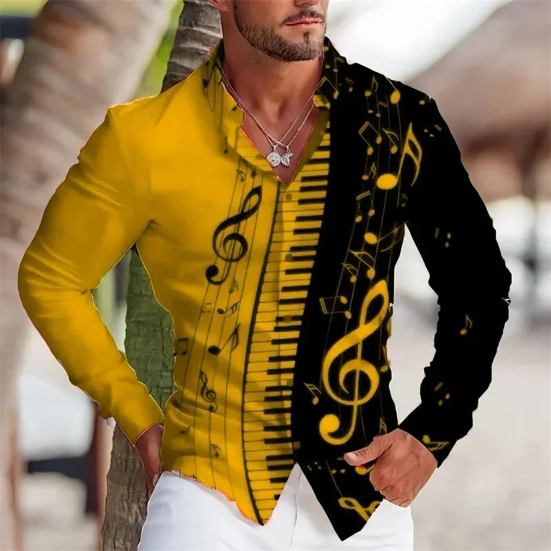 2024 Summer Men's Long Sleeves Shirt with Musical Instrument Symbol Pattern Printed Collar, Cardigan, Street Casual Shirt